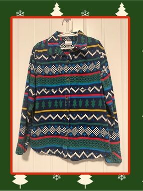 Hanna Andersson Cozy Patterned Holiday Button-Up Shirt - size 8/130cm
